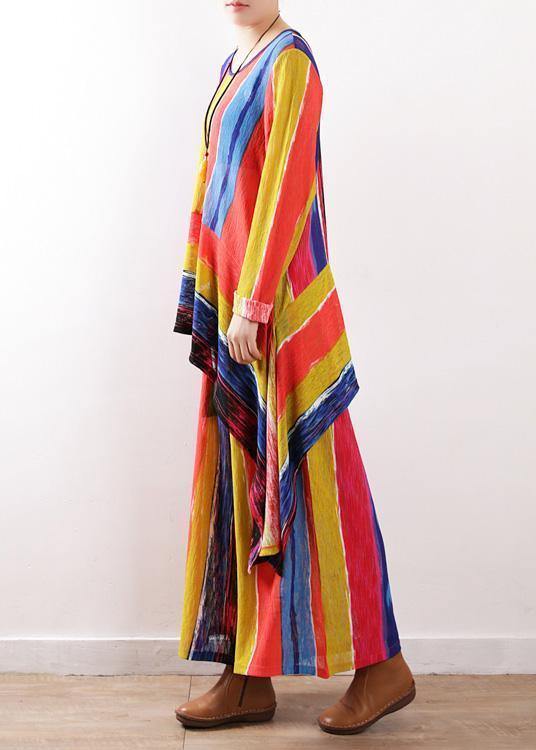 2021 spring casual patchwork color striped two pieces asymmetric hem tops and elastic waist women wide leg pants - SooLinen