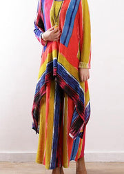 2021 spring casual patchwork color striped two pieces asymmetric hem tops and elastic waist women wide leg pants - SooLinen