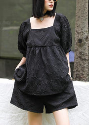 2021 women's summer fashion western style bubble sleeve black top and shorts two-pieces - SooLinen