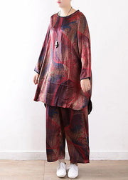 2021 Summer New Red Print Chiffon Suit Loose Shirt + Wide Leg Pants - SooLinen