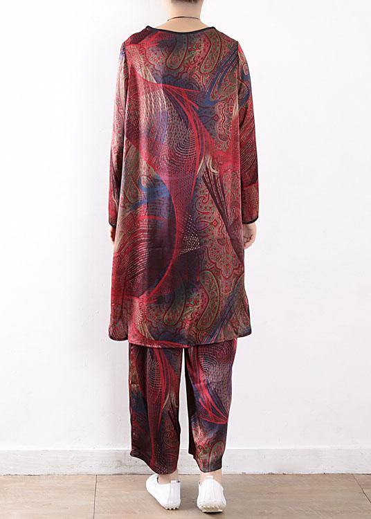 2021 Summer New Red Print Chiffon Suit Loose Shirt + Wide Leg Pants - SooLinen