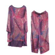 2021 Summer New Red Print Chiffon Suit Loose Shirt + Wide Leg Pants - SooLinen