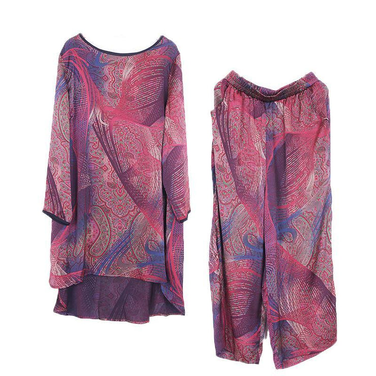 2021 Summer New Red Print Chiffon Suit Loose Shirt + Wide Leg Pants - SooLinen
