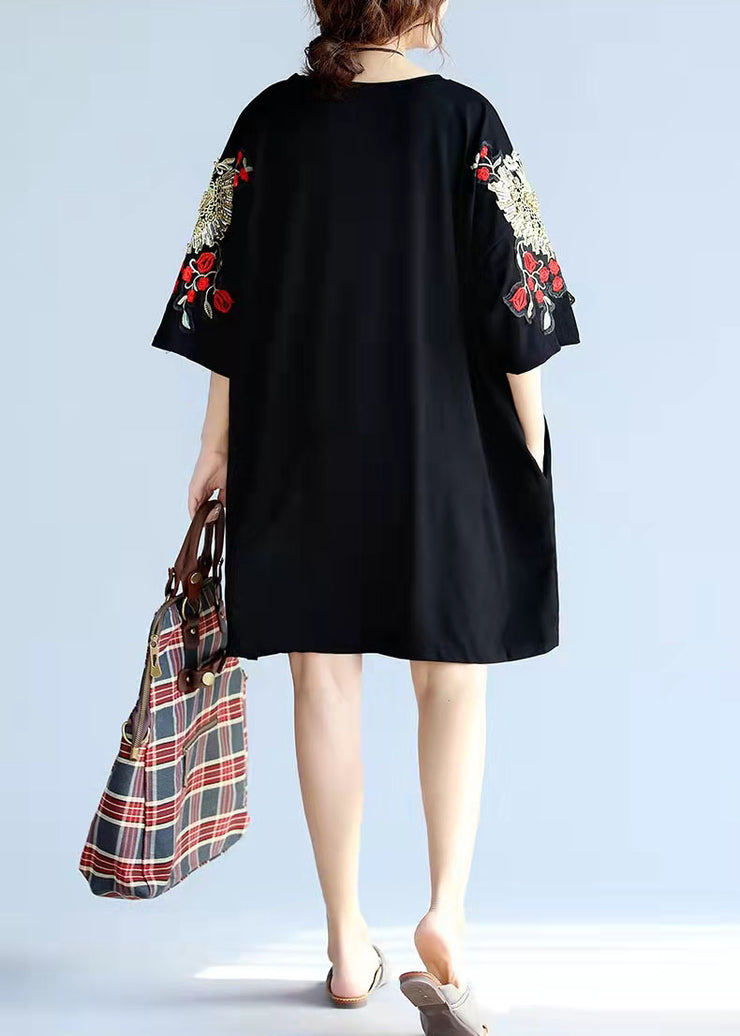2025 unique stylish black embroidery cotton pullover plus size appliques short sleeve mid tops