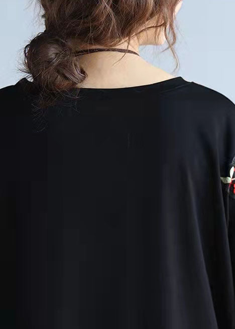 2025 unique stylish black embroidery cotton pullover plus size appliques short sleeve mid tops