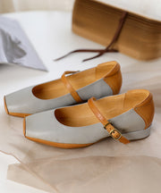 2025 Plus Size Buckle Strap Flat Shoes For Women Grey Comfy Cowhide Leather