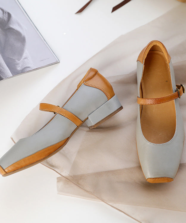 2025 Plus Size Buckle Strap Flat Shoes For Women Grey Comfy Cowhide Leather
