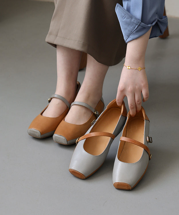 2025 Plus Size Buckle Strap Flat Shoes For Women Grey Comfy Cowhide Leather