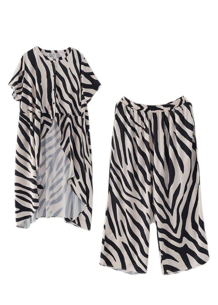 21 Summer Suit Zebra Stripe Silk Wide Leg Pants Irregular Two Piece Set - SooLinen