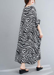 Handmade Black Striped Dress Pattern O Neck Batwing Sleeve Dress - SooLinen