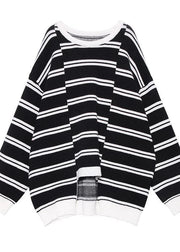 Aesthetic asymmetric patchwork black knitwear plus size clothing spring knitted pullover - SooLinen
