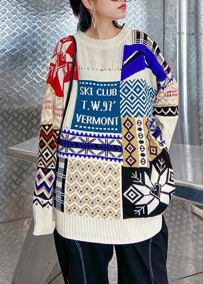 Aesthetic beige ColorBlock Sweater Blouse o neck trendy plus size Winter sweaters - SooLinen