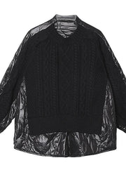 Aesthetic black knit blouse o neck patch work fashion spring knit sweat tops - SooLinen