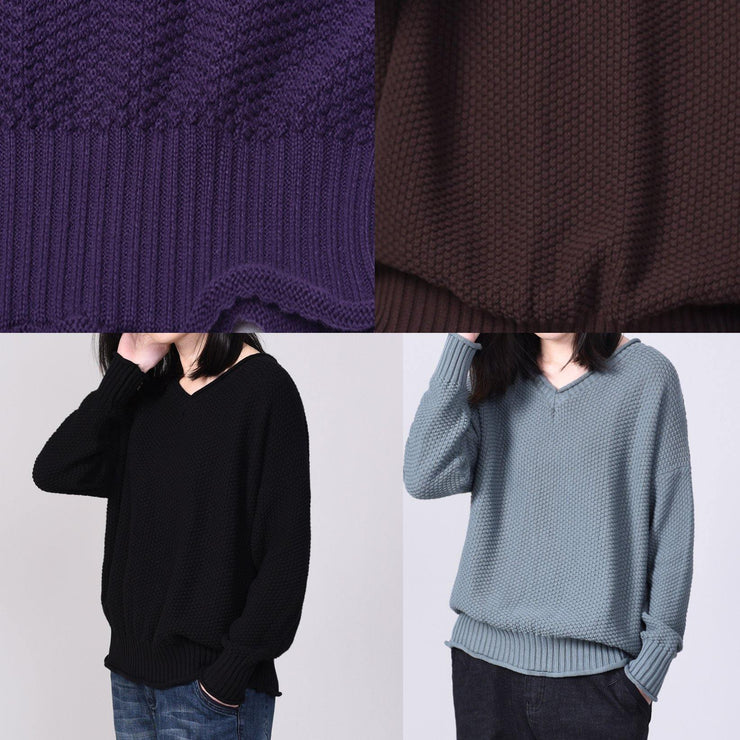 Aesthetic gray blue knit pullover oversized v neck sweaters autumn - SooLinen
