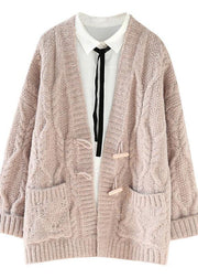 Aesthetic knitwear Loose fitting pink v neck pockets knit cardigans - SooLinen