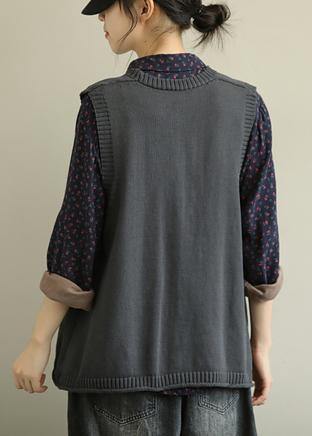 Aesthetic knitwear plus size dark gray v neck sleeveless knitted jackets - SooLinen