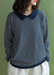 Aesthetic navy striped knitted t shirt lapel collar Loose fitting knitted blouse - SooLinen