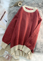 Aesthetic o neck patchwork knitted blouse oversized low high design Sweater Blouse - SooLinen