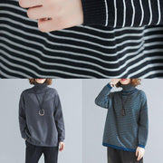 Aesthetic spring blue striped knit tops plus size clothing high neck clothes For Women - SooLinen