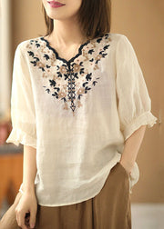 Apricot Embroideried Linen Shirt V Neck Half Sleeve
