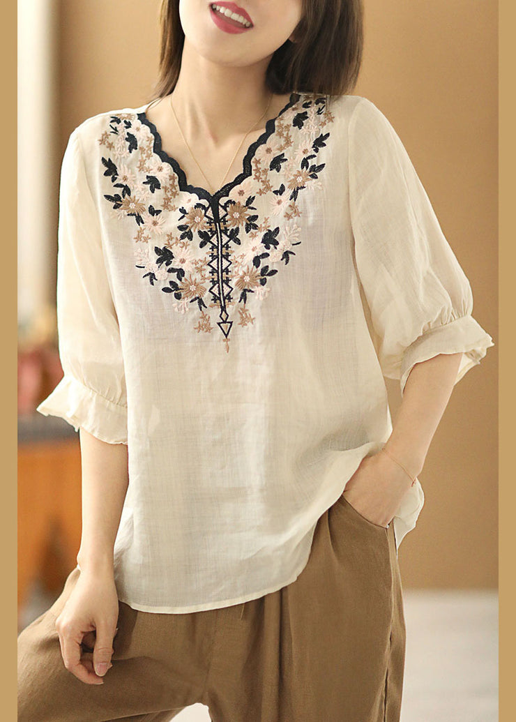 Apricot Embroideried Linen Shirt V Neck Half Sleeve