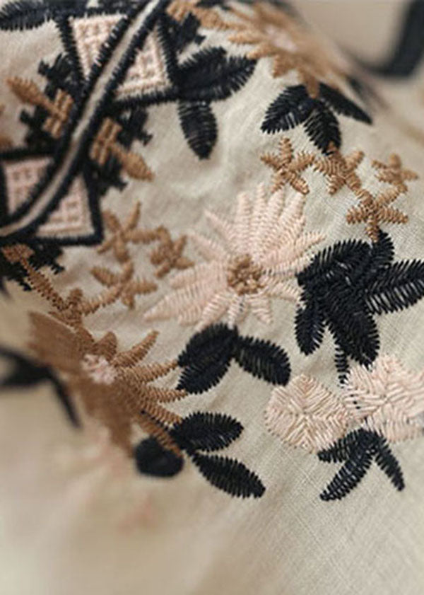 Apricot Embroideried Linen Shirt V Neck Half Sleeve