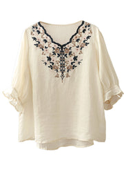 Apricot Embroideried Linen Shirt V Neck Half Sleeve