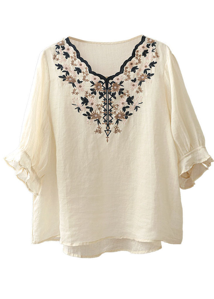 Apricot Embroideried Linen Shirt V Neck Half Sleeve