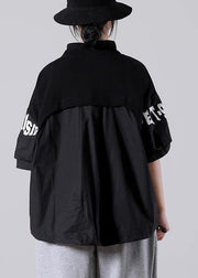 Art Black Graphic Patchwork Cotton Summer Blouse Top - SooLinen