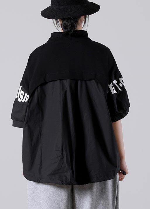 Art Black Graphic Patchwork Cotton Summer Blouse Top - SooLinen
