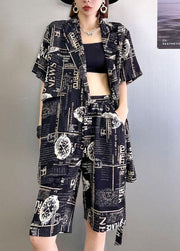 Art Black Print Summer Cinched Linen Short Sleeve Two Piece Suit Set - SooLinen