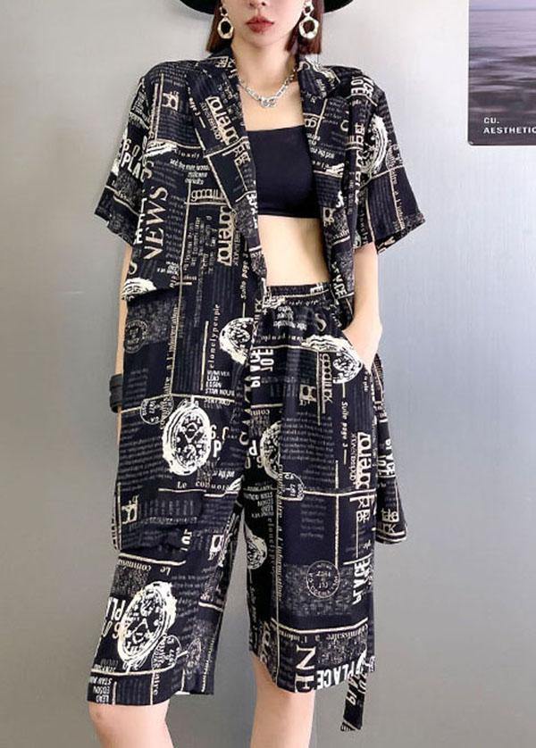 Art Black Print Summer Cinched Linen Short Sleeve Two Piece Suit Set - SooLinen