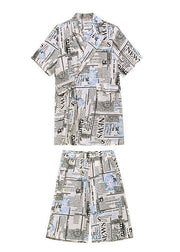 Art Black Print Summer Cinched Linen Short Sleeve Two Piece Suit Set - SooLinen