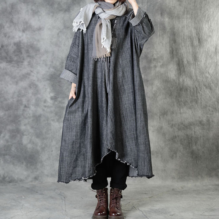 Art Black V Neck Pockets Patchwork Fall Asymmetrical Design Coats Long Sleeve