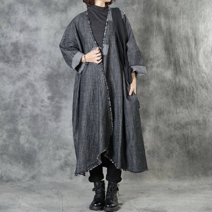 Art Black V Neck Pockets Patchwork Fall Asymmetrical Design Coats Long Sleeve