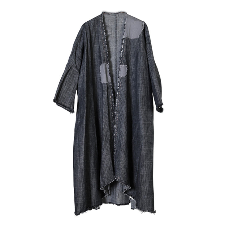 Art Black V Neck Pockets Patchwork Fall Asymmetrical Design Coats Long Sleeve