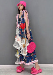 Art Blue Asymmetrical Ruffled Patchwork Tulle Graphic Cotton Denim Dress Sleeveless