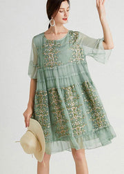 Art Green Embroideried O-Neck Loose Summer Flare Sleeve Dress - SooLinen