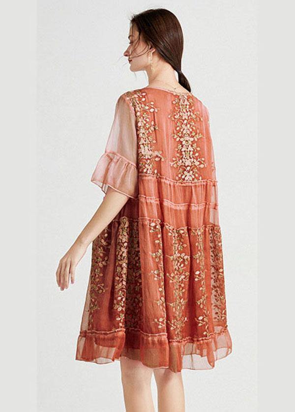 Art Green Embroideried O-Neck Loose Summer Flare Sleeve Dress - SooLinen