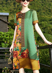 Art Green O-Neck Print 2025 Silk Formal Dresses Short Sleeve