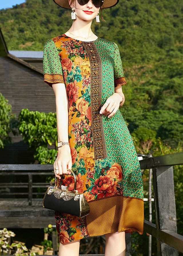 Art Green O-Neck Print 2025 Silk Formal Dresses Short Sleeve