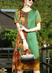 Art Green O-Neck Print 2025 Silk Formal Dresses Short Sleeve