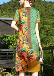 Art Green O-Neck Print 2025 Silk Formal Dresses Short Sleeve