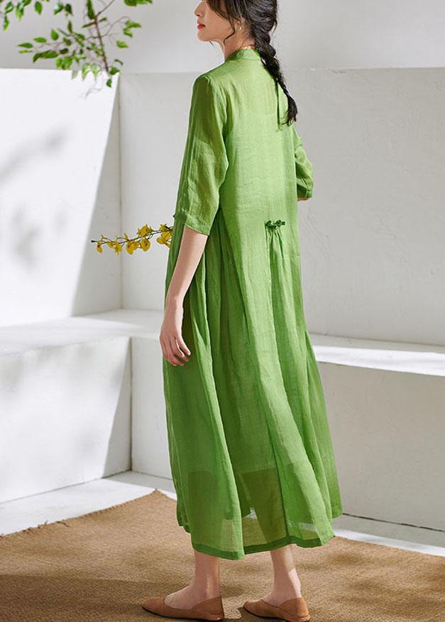 Art Green Ruffled Button Summer Ramie Party Dresses Half Sleeve - SooLinen