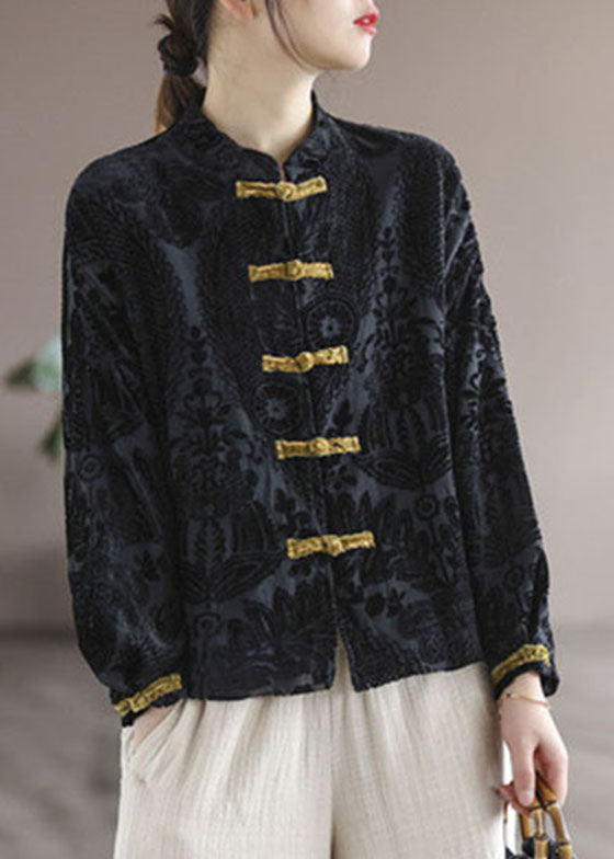 Art Khaki Jacquard-Velourshemd mit Stehkragen und langen Ärmeln