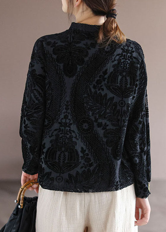 Art Khaki Jacquard-Velourshemd mit Stehkragen und langen Ärmeln