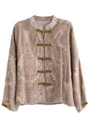 Art Khaki Jacquard-Velourshemd mit Stehkragen und langen Ärmeln