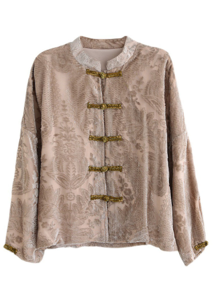 Art Khaki Jacquard-Velourshemd mit Stehkragen und langen Ärmeln