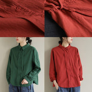Art Lapel Button Down Spring Tops Women Pattern Green Top - SooLinen