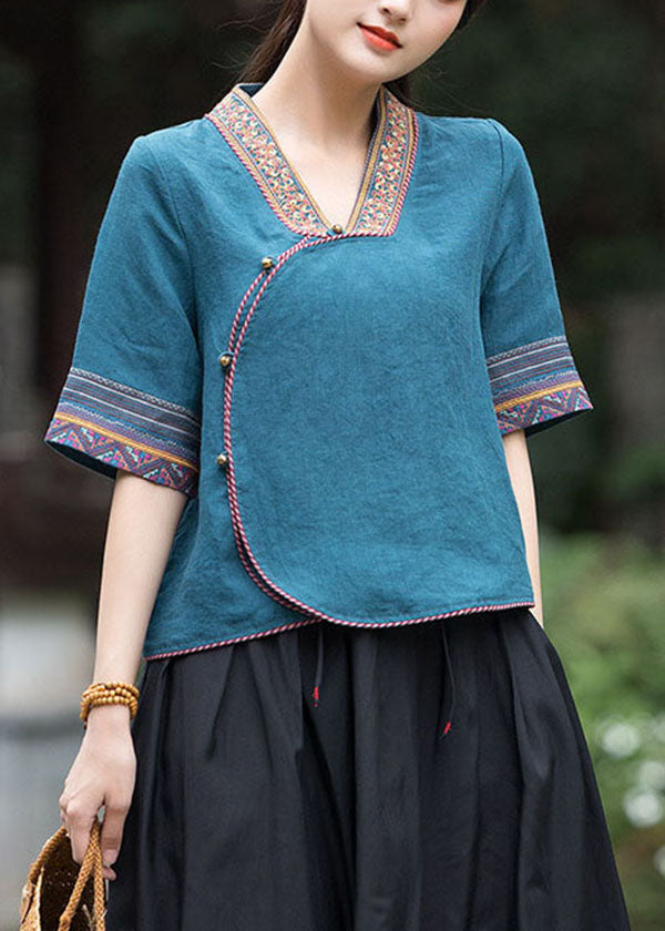 Art Peacock Blue Ethnic Style Embroideried Linen Top Half Sleeve